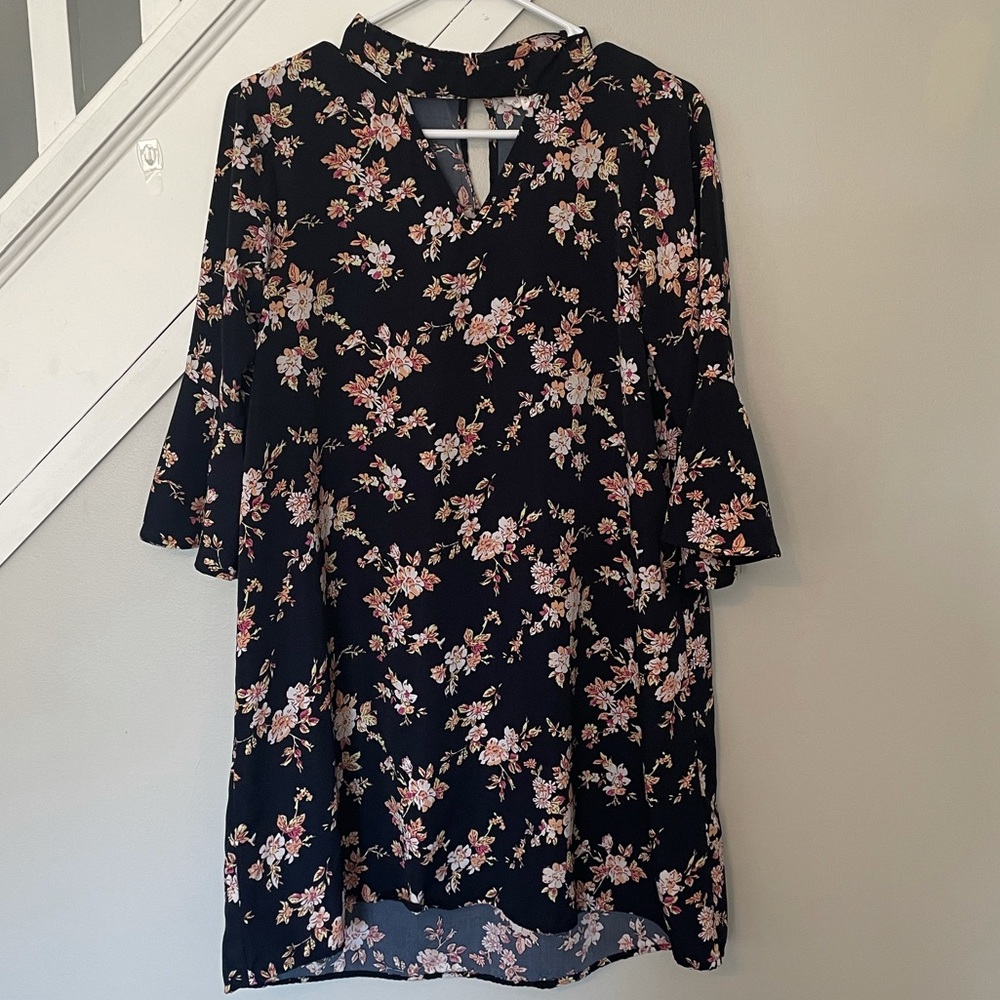 Blue Floral Bell Sleeved Dress